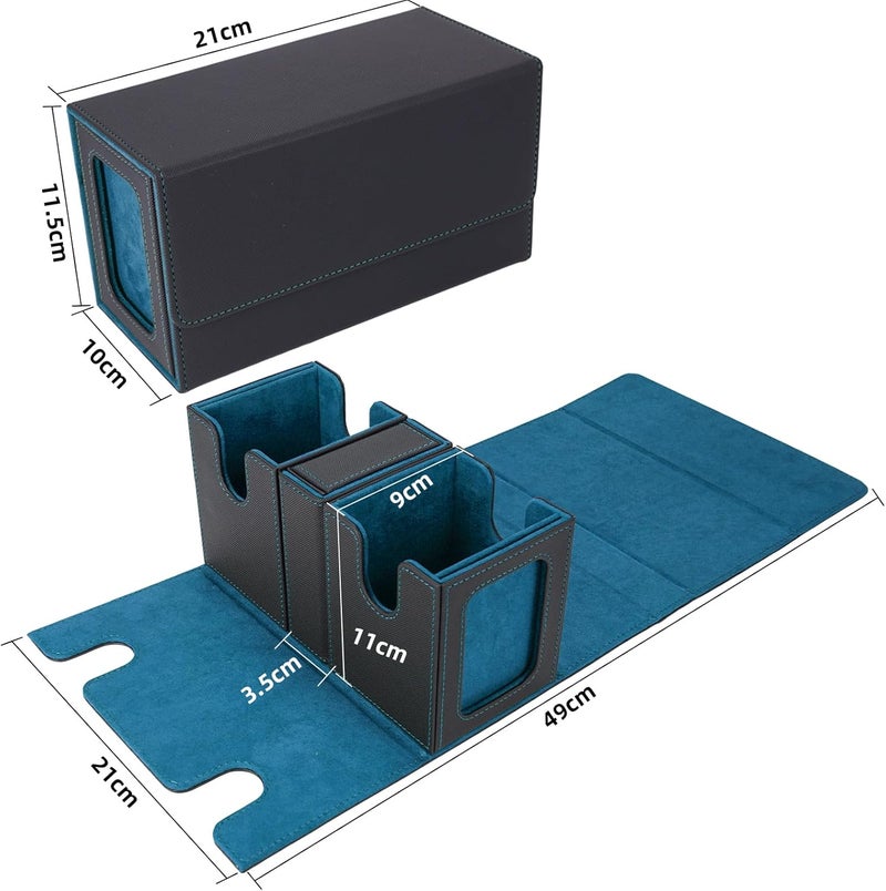 AFIING MTG Commander Card Storage Box - Fits 200 Double Sleeved Cards,3-in-1Card Deck Case,Strong Magnet Card Organizer For Magic Commander TCG CCG,4Dividers &2 Toploaders, Black/Cyan - Image 3